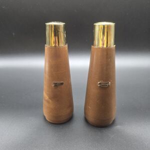 Vtg MCM Wooden Brown Gold Metal Top Slender 6" Salt & Pepper Shaker Set Japan